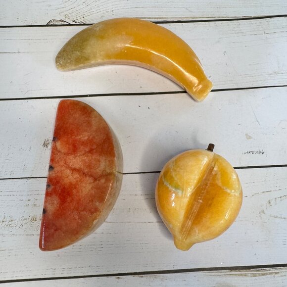 Vintage Stone Fruit Italian Alabaster Decor Lot of 3 Banana Watermelon & Peach - Picture 3 of 6